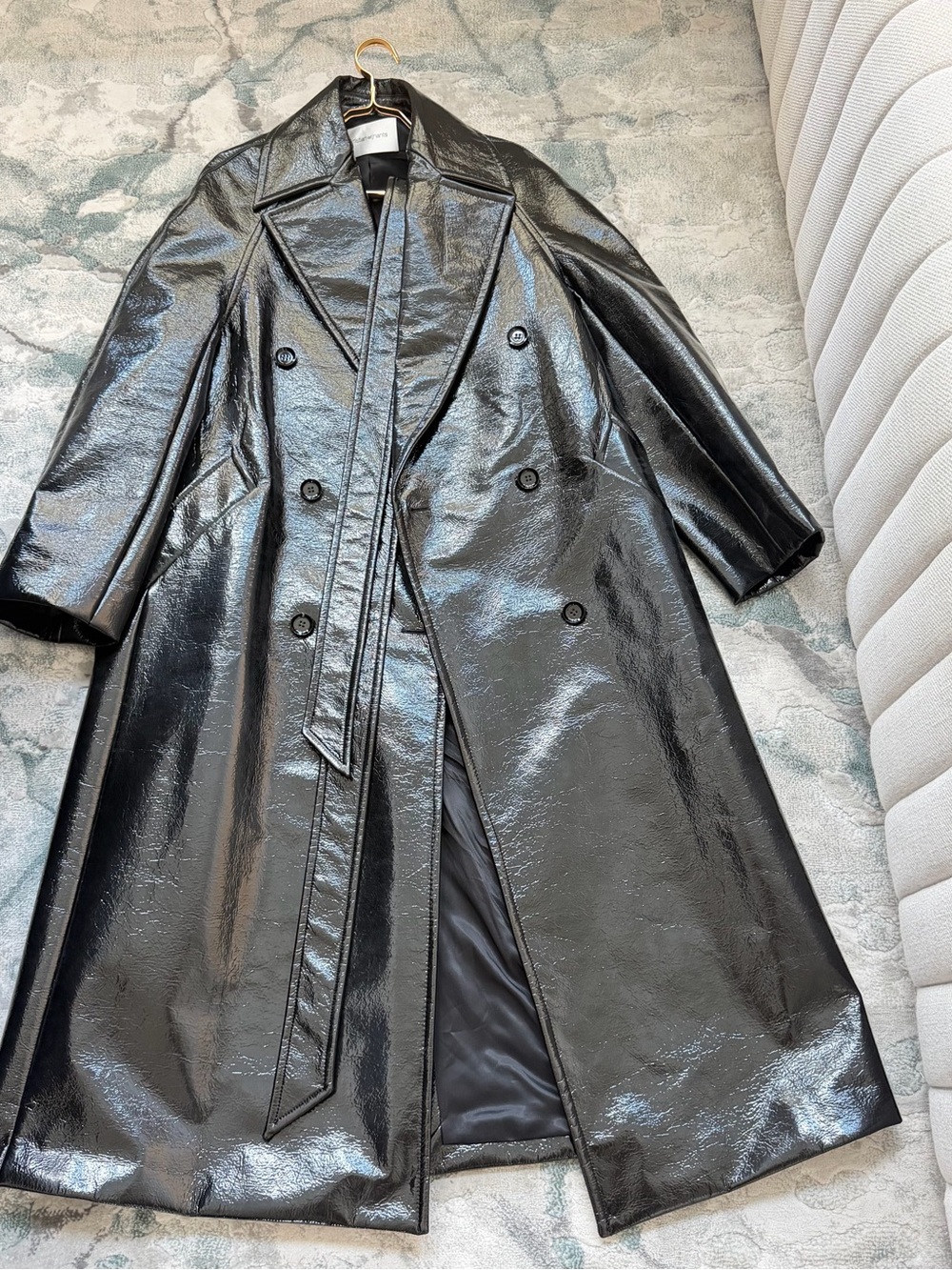 Glossy Black Patent Double-Breasted Trench Coat with Waist Tie